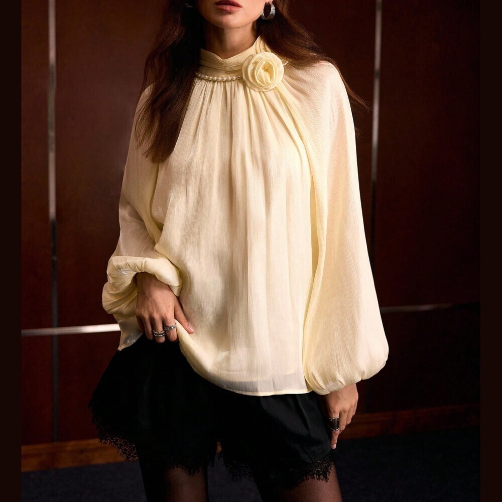 Cream Pearl Beaded Rose Corsage Applique Bishop Flowy Sleeve Blouse